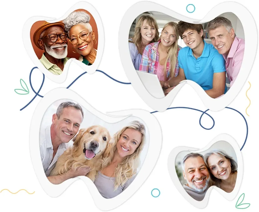 Collage of smiling families, couples and a dog framed in tooth shapes